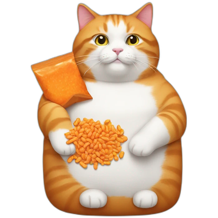 very fat ginger and white cat with bag of Cheetos emoji