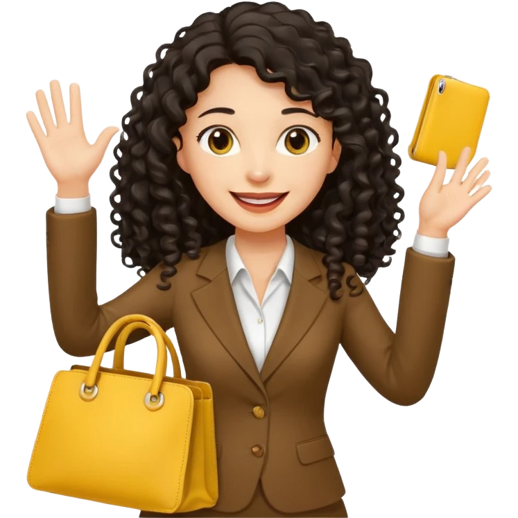 medium deep tan brown business woman with long black curly hair, waving hand with happy face with smile mouth and carrying yellow bag on her shoulder emoji