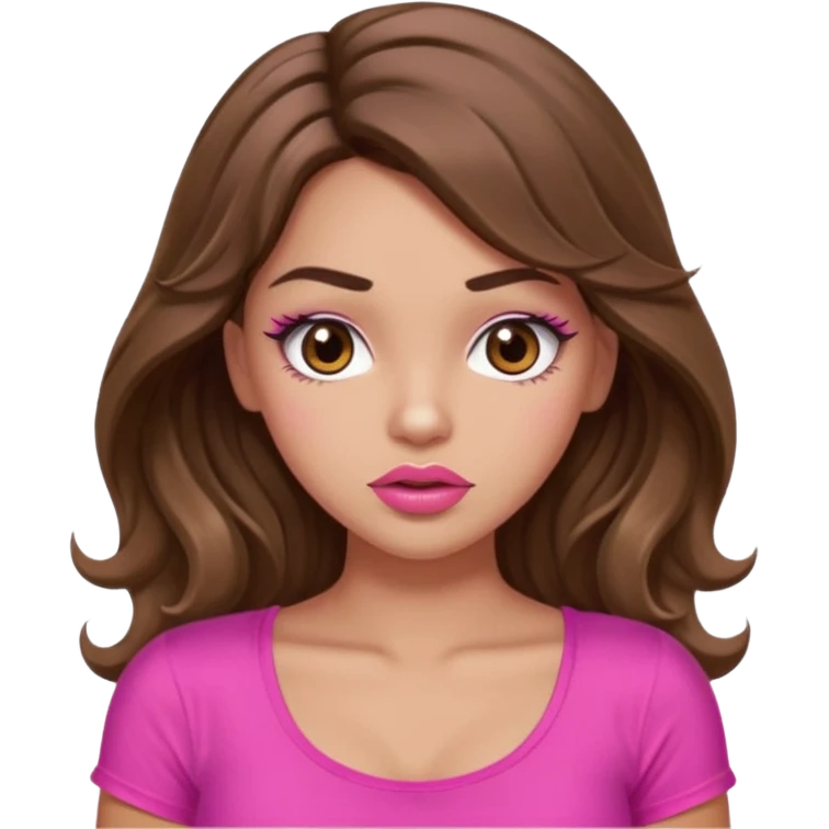 girl with long wavy brown hair, brown eyes, light to medium complexion, in a pink sexy top, pink puckered lips, long lashes, shrugging emoji