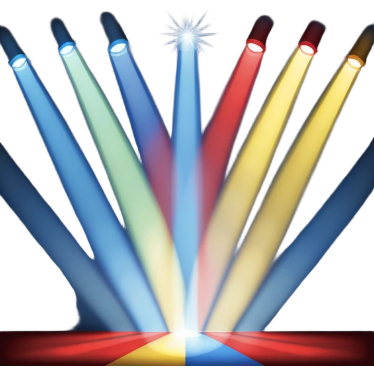 An emoji of stage lights shining brightly. Multiple spotlights in different colors (blue, yellow, red) angled towards a stage, creating a dramatic and concert-like atmosphere. Beams of light cutting through the darkness with a slight glow effect emoji