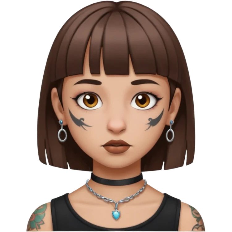 Alternative girl with straight brown hair and micro bangs and a throat tattoo emoji