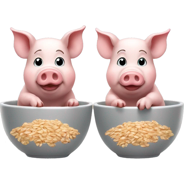 2 pigs, one eating oats, the other can't reach the bowl emoji