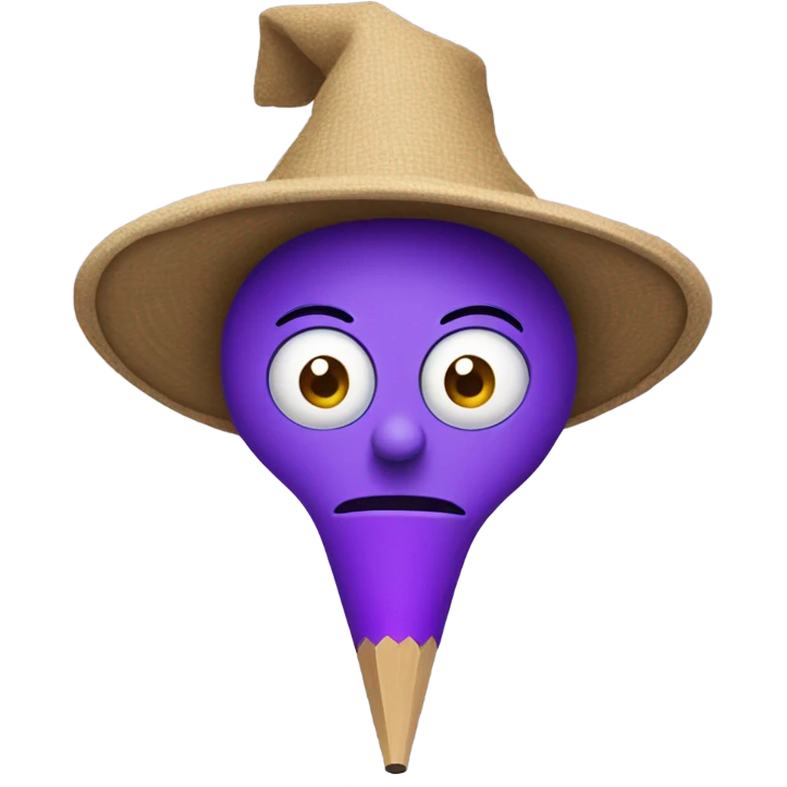 purple character with hat and big penci emoji