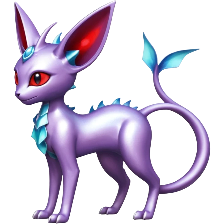 Mechanical Silvery Iridescent Miraidon-Espeon-Mewtwo-Vaporeon-Fakémon-hybrid-creature (full body)  with red eyes and intricate markings emoji
