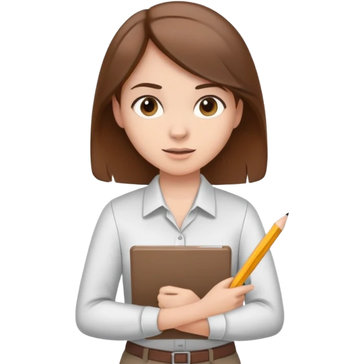 Intern or volunteer with brown hair holding a clipboard and pencil, ready to take notes or assist. The character wears a simple shirt and has an eager posture emoji