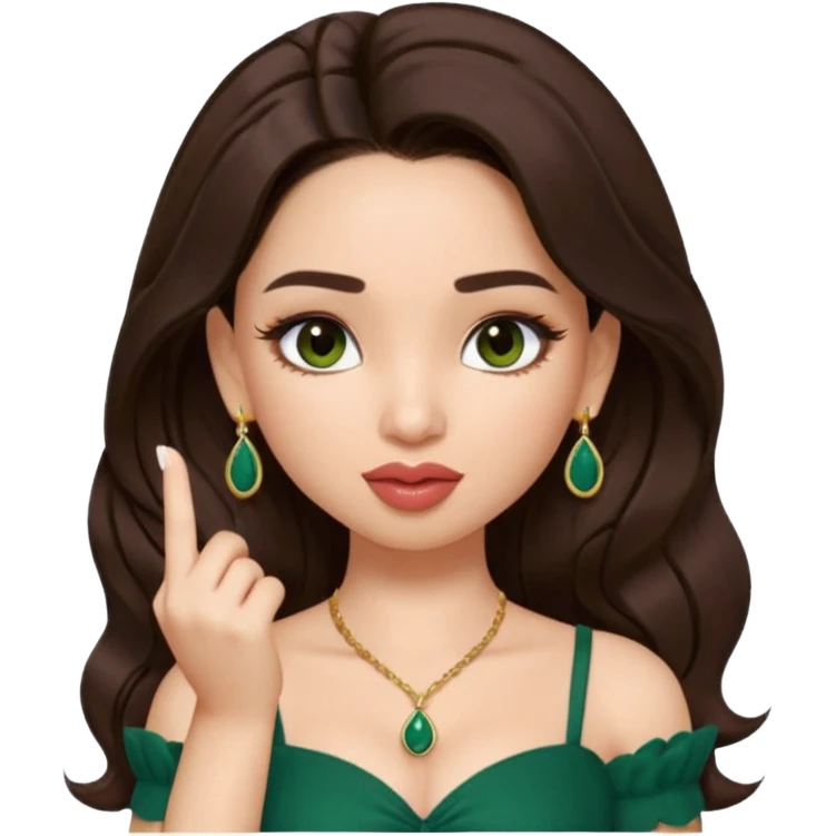 pretty bratz genmoji that looks like tamannah bhatia (bollywood actress), wearing a dark green sweetheart neckline top, dark brown hair, light makeup, no necklace, dangly earrings, side hair part, fair. dark brown eyes


Show her licking her finger  emoji