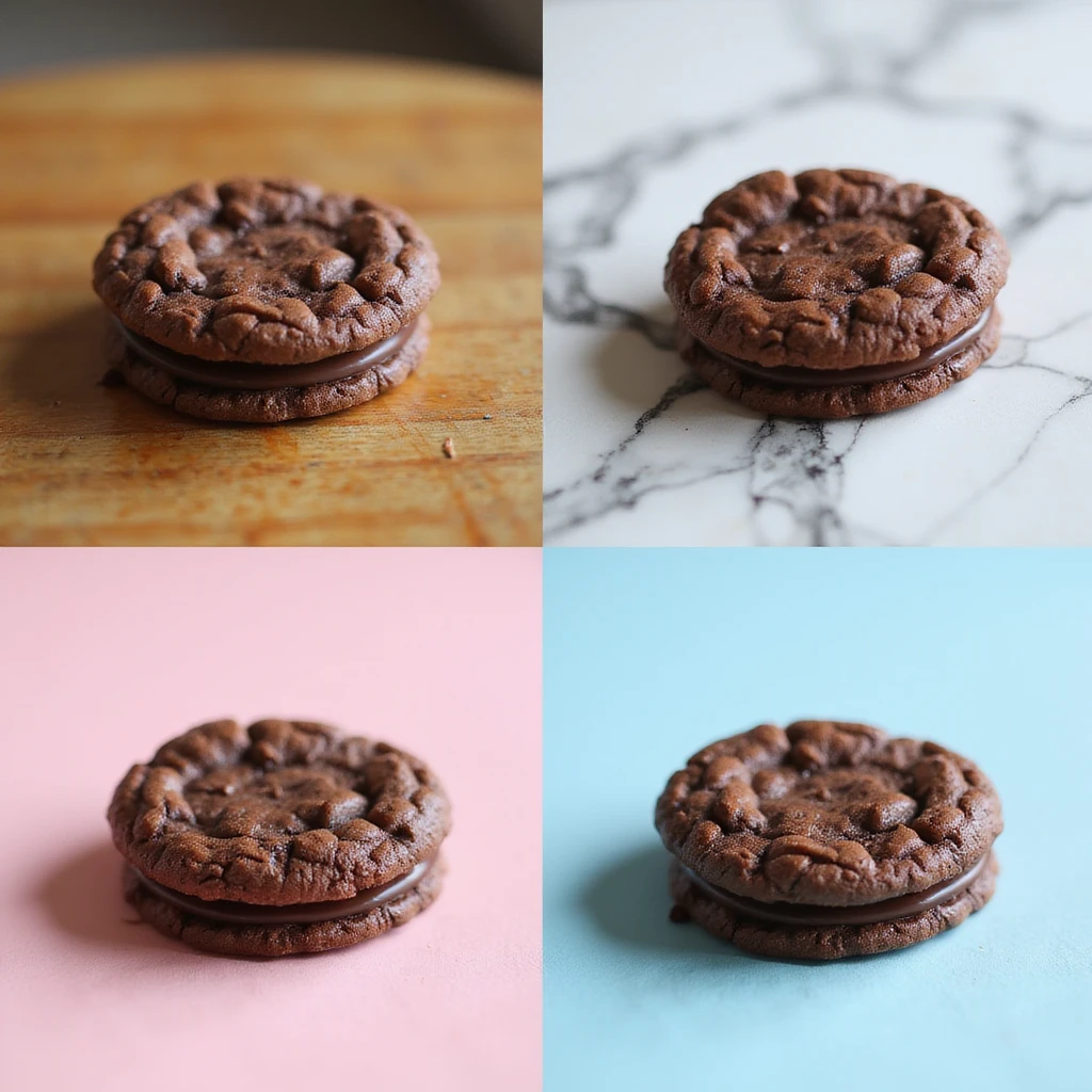 Create photorealistic images of a double chocolate cookie on four different backgrounds: a wood table, a marble countertop, a pastel pink background, and a blue gradient background. Maintain the realistic and detailed appearance of the cookie. emoji
