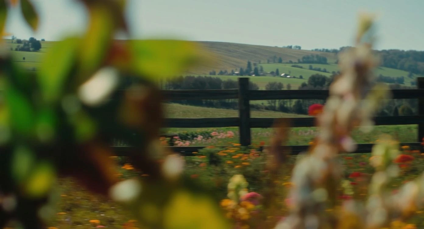 "Two shot" in the foreground, blurred plants in the foreground (frame within a frame), a wooden fence and colorfull flowers in the midground, Poland, rolling hills in the background, cinematic depth of field, layered composition, natural lighting emoji