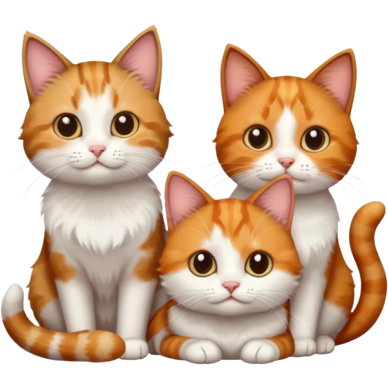 3 different coloured small cats including a dark brown tabby and white, and a patchy calico, and a ginger and white emoji