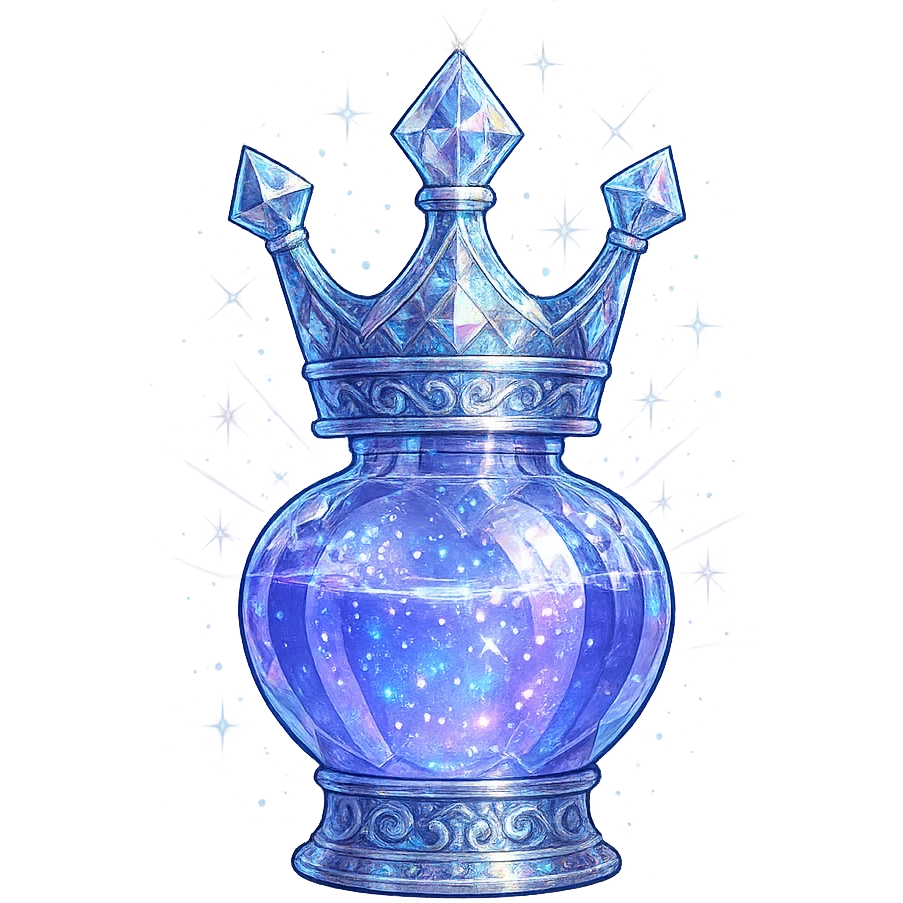 crown-shaped luxurious elixir bottle that is clearly a bottle, color #7986cb, multi-layered holographic and silver details, intricate crystal facets, magical radiant glowing and sparkling effects, seamless ornate bottom, very small neck, transparent background, floating clearly in air, not standing, no base or shadow, modern, extremely beautiful, matching a collection emoji