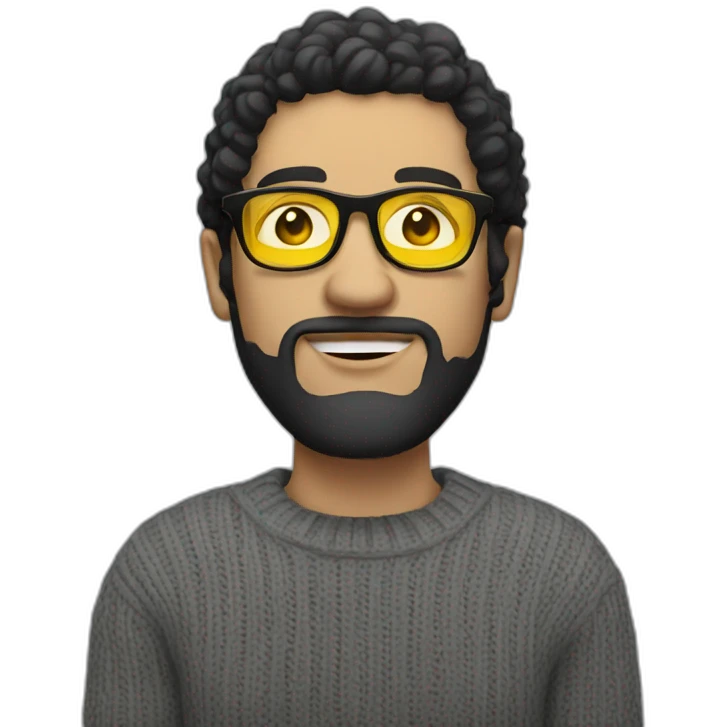 White man with yellow tinted glasses and black hair in a jumper emoji