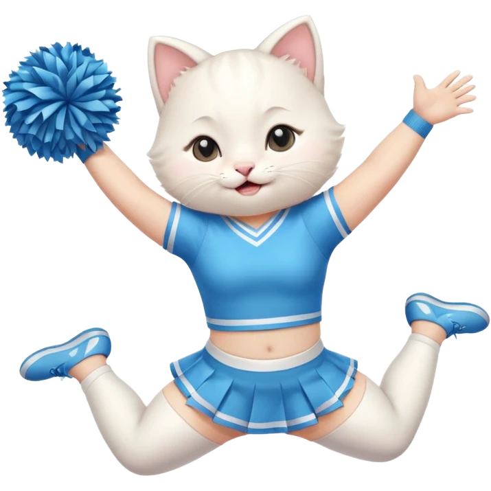 A chubby white kitten cheerleader in pastel uniform jumping in cheer pose. emoji