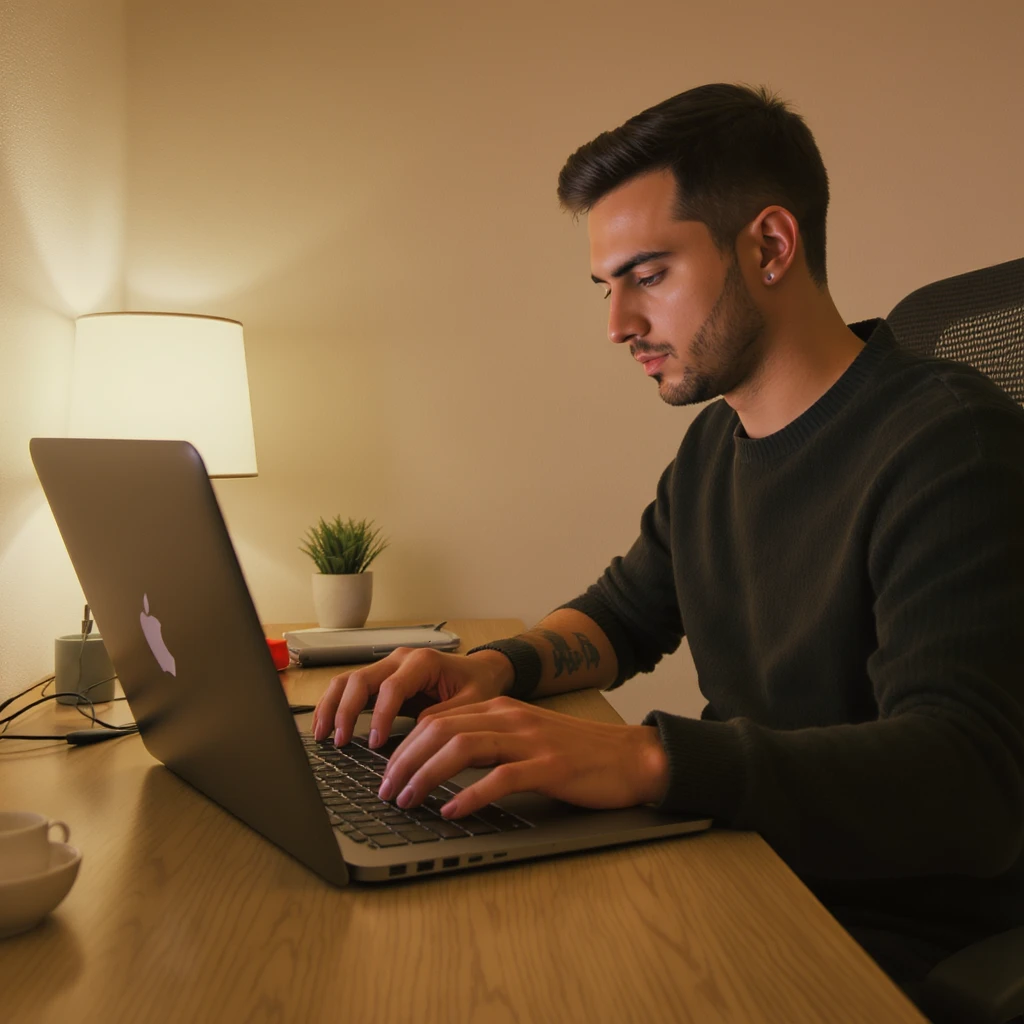 POV shot, Man writing on macbook pro keyboard, minimalistic environment emoji
