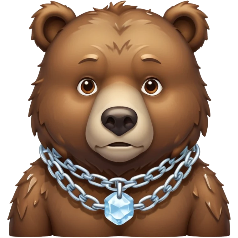 Serious realistic brown bear on all four legs wearing a thick chain made of ice around its neck, frozen chain links, stern expression emoji
