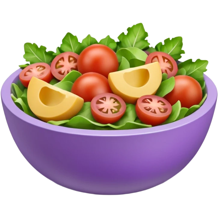 Modern premium 3D emoji icon: salad bowl (🥗), smooth rounded shapes, matte + subtle gloss, top-left studio light, soft shadow. Purple bowl with lavender rim; ingredients in natural colors, all sliced/chopped (no whole tomatoes). Centered, transparent background, no text emoji