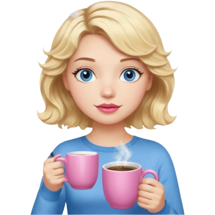 Girl Blonde short wavy hair,  blue eyes, cute blue top, long lashes, pink lips, holding hot coffee mug emoji