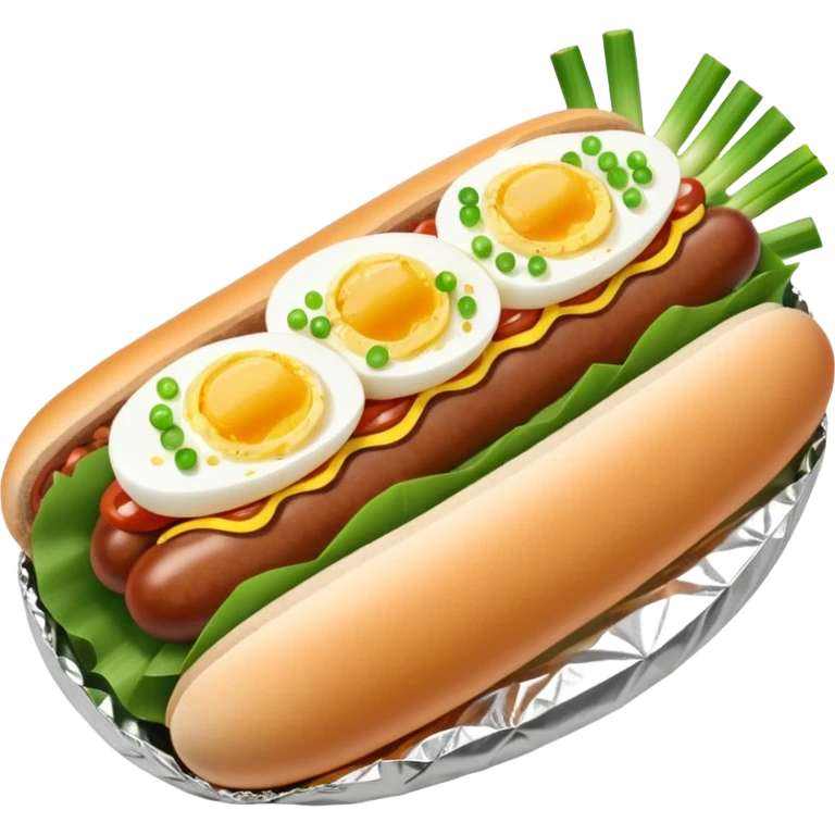 steamed ground pork with raisins, sliced boiled egg, and hotdog wrapped in foil emoji