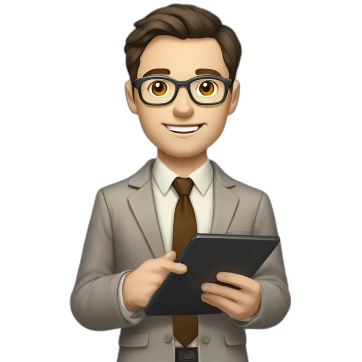 Pale skinned fit man with dark brown hair in gray jacket, beige office shirt, brown tie, brown pants and vintage glasses Writing on the tablet emoji