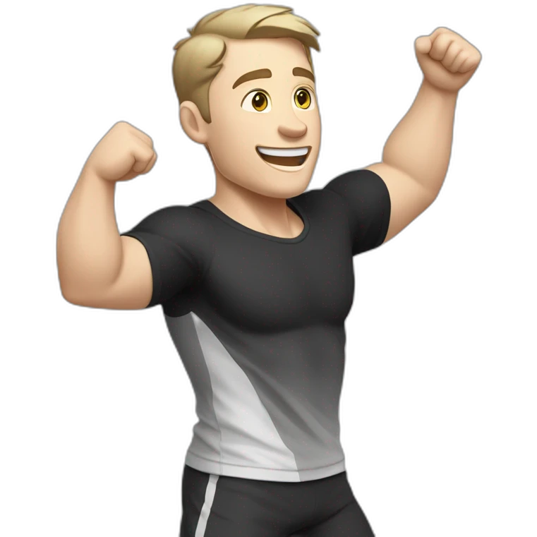 Joyful Celebrating victory Pale skinned Fit Man With the biceps and dark brown hair in black shirt, gray sports shorts and white Sneakers emoji