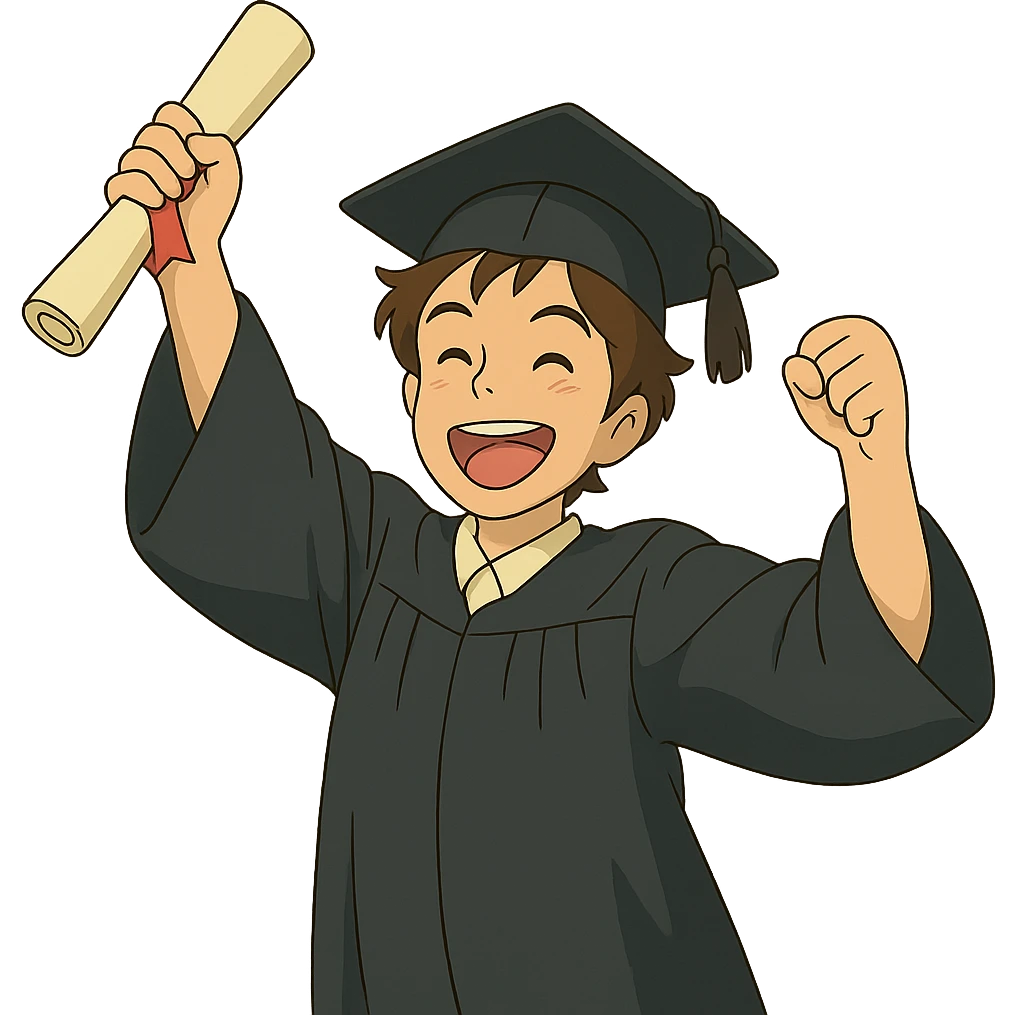 ghibli style successful graduate student, cap and gown, diploma, joyful expression emoji