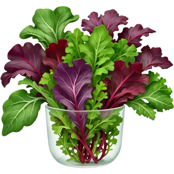 loose mesclun leaves mixed baby salad greens arugula spinach red chard frisée oak leaf lollo rosso varied shapes colors textures greens purples reddish veins delicate edges curls natural look fresh soft highlights no water drops 3D clean minimal soft shadows transparent background emoji scale emoji