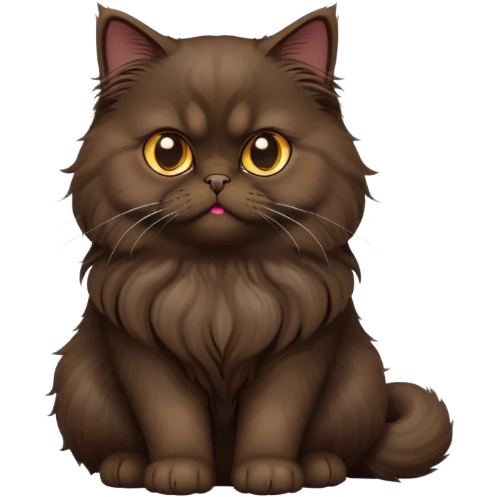 cinematic-[dark brown persian cat]-realistic-full-body-sitting-emoji,-tail-curled-playfully-around-its-paws,-head-tilted-dramatically,-fluffy-[dark brown]-fur,-simplified-yet-realistic-focused-features,-highly-detailed,-glowing-with-an-almost-sarcastic-glow emoji