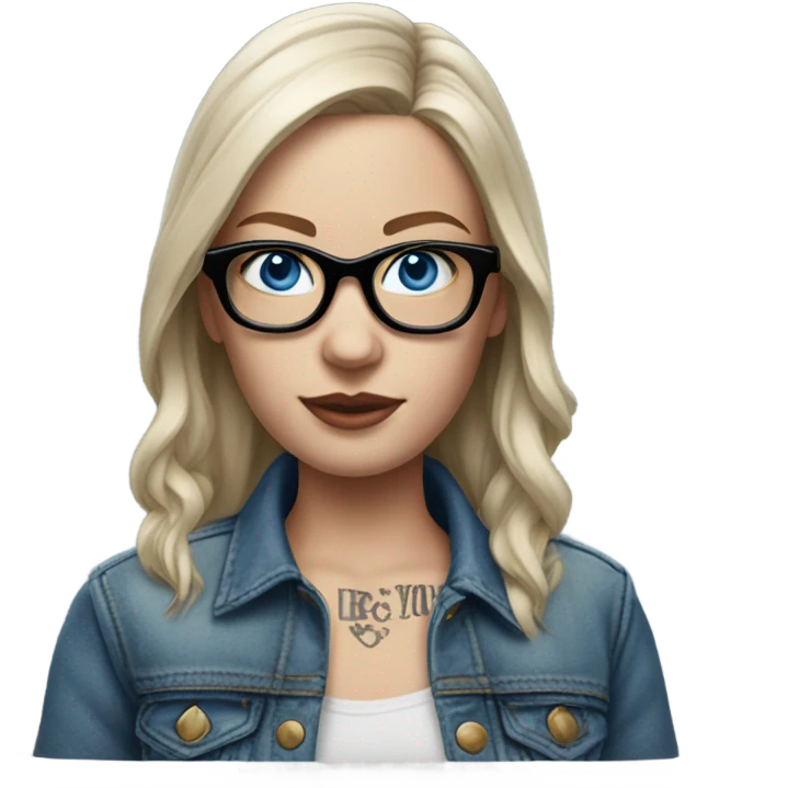 Create a Hyper Realistic pale beautiful tattooed 3D woman with glasses and blue eyes wearing denim jacket emoji