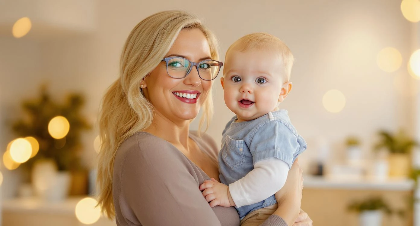 Cinematic still, Proffesional advertising of a smiling european white woman with glasses smiling holding baby, minimalistic ophthalmologist interior in background, leading  lines, "rule of thirds", 60/30/10 colors, soft light, warm colors, bokeh light in background emoji
