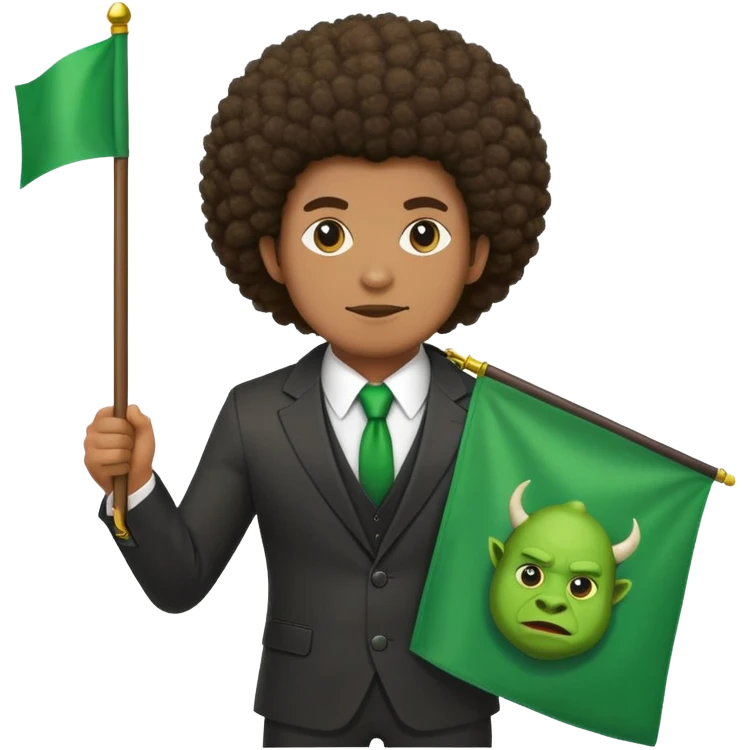 Create a emoji of a man in a suit brown skin with a afro holding a green flag that says ogre phi ogre emoji