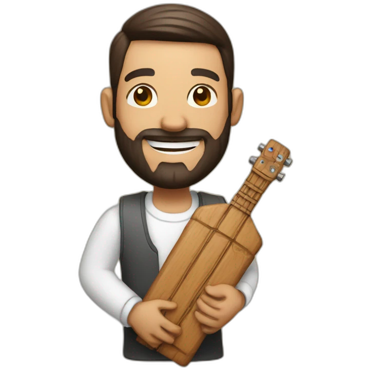 A man holding a virib made of wood and smiling emoji