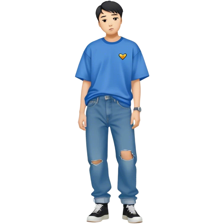 asian guy wearing shirt that says vetements with blue jeans baggy,   emoji