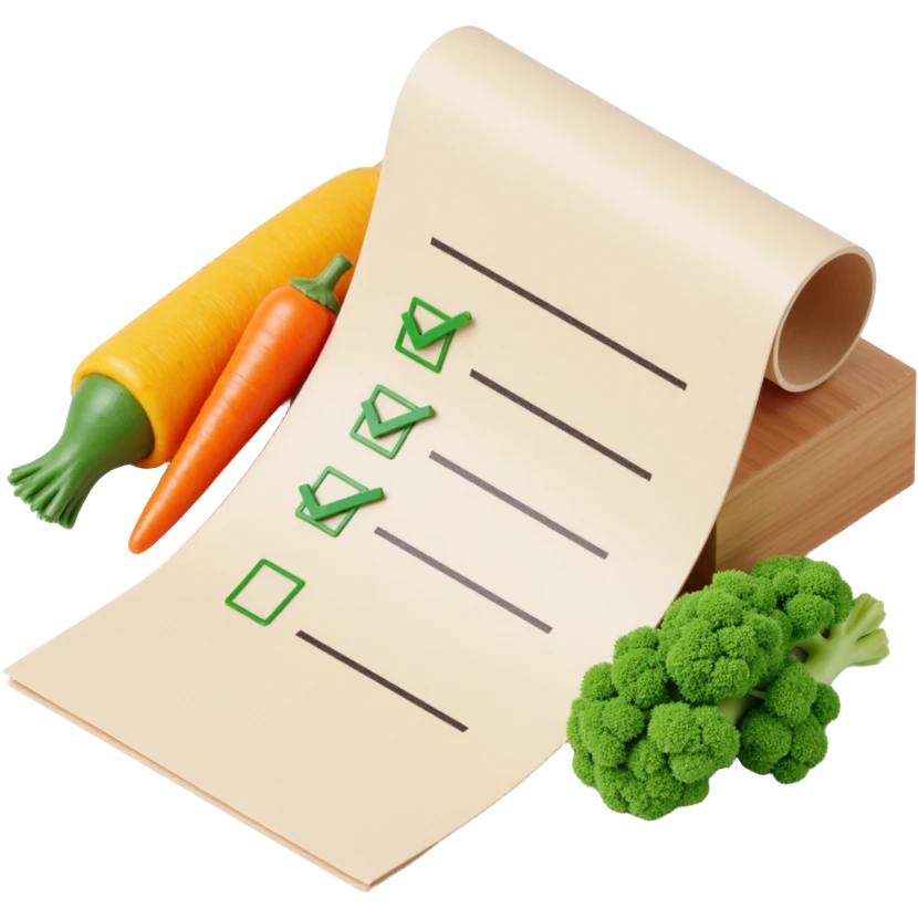 floating rolled paper list with green checkboxes and around vegetables emoji