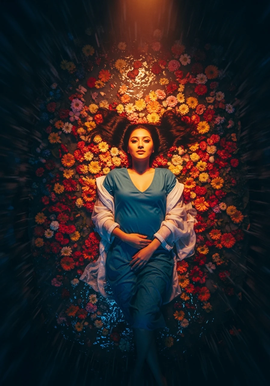 Camera drom top, Motion blur Extreme Closeup photo of a beautifull woman lay around beautifull colorfull flowers in water, cinematic light, 8K, very detailed, sharp, depth (foreground, midground, background) Spotlight, dark environemnt, blue and orange colors emoji