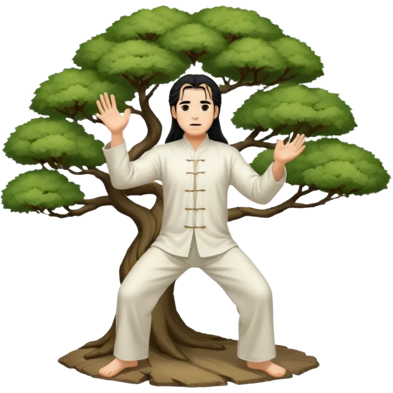 pratiquant de qi gong, homme aux cheveux long, en position de l'arbre, en tenue noire ou blanche emoji
