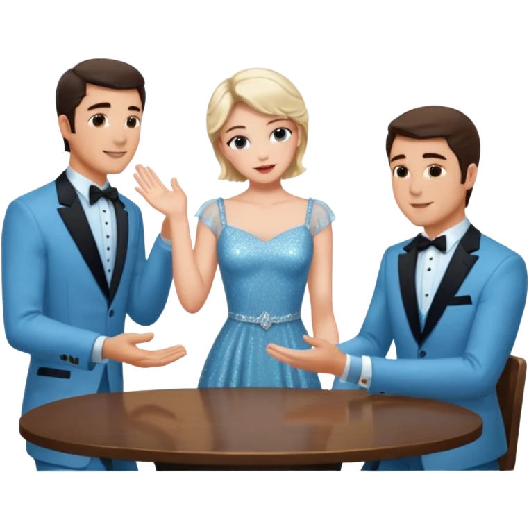 Sabrina’s carpenter in a light blue sparkly dress at a table with 3 handsome men facing each other and she is standing up putting her hand out  emoji