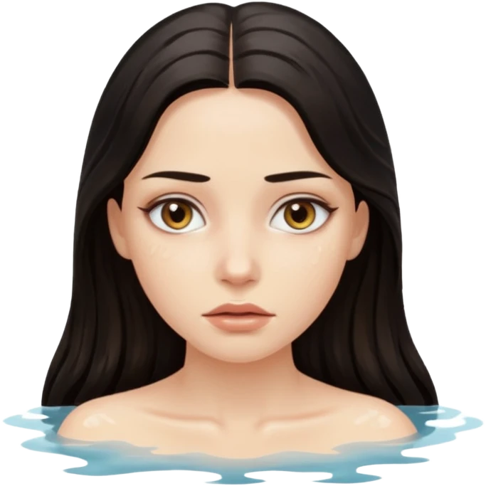Woman submerged in black water, wet skin and eyes above surface, silent invitation emoji