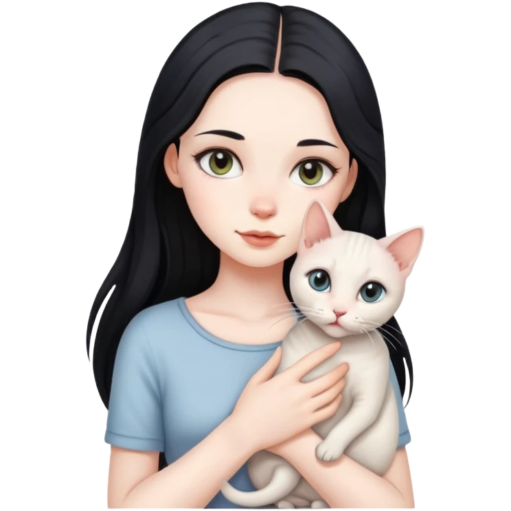 Beautiful girl with long black hair holding a hairless cat emoji
