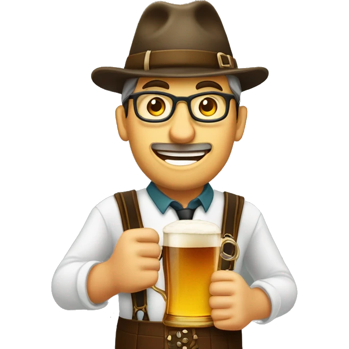 Person wearing a hat and lederhosen while holding a huge mug of beer and a pretzel emoji