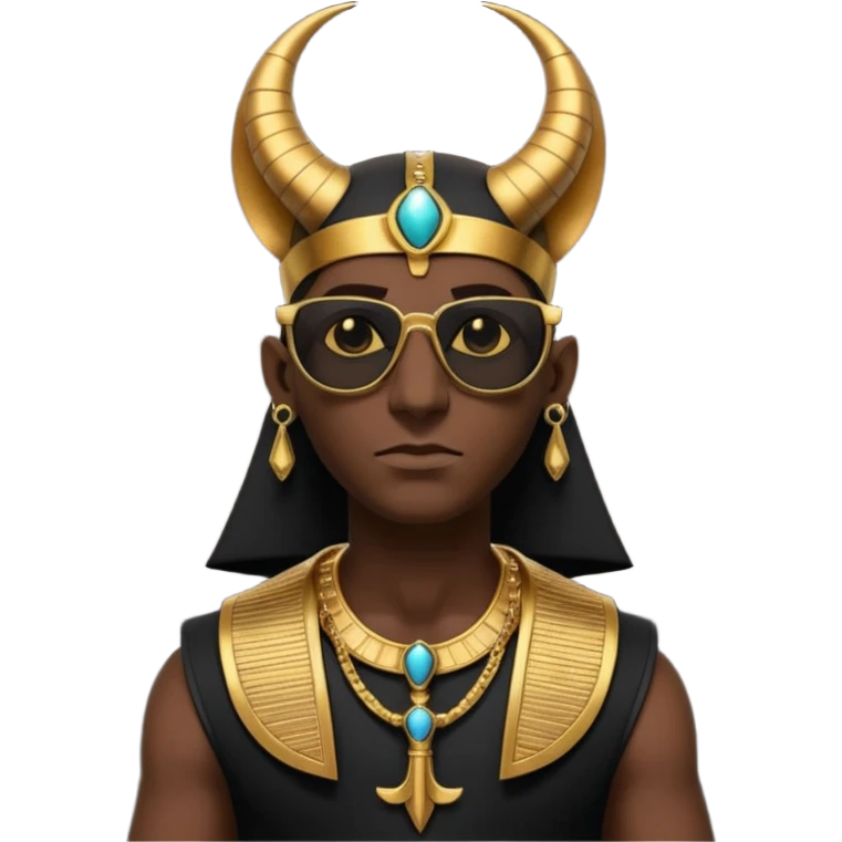 3D cartoon horned character portrait, wearing sunglasses, gothic ancient Egyptian style, pharaoh collar, dark gold and black outfit, ankh symbols, Egyptian jewelry, mysterious expression, soft dramatic lighting, centered, clean background, no text, no watermark emoji