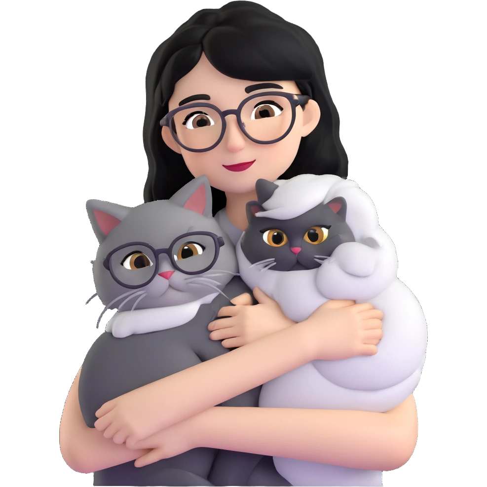Skinny woman with oval glasses, shoulder length straight black hair, wearing white sleeveless top, hugging a grey Persian-Angora cat, plain background emoji