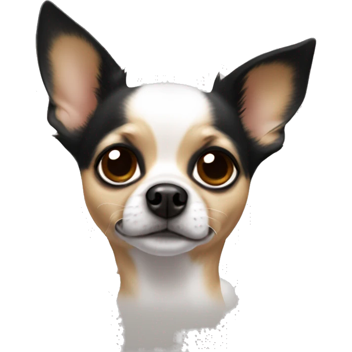 Chihuahua with a white body, black ears, brown splotches next to his eyes but a white part down the middle of its head to its nose  emoji