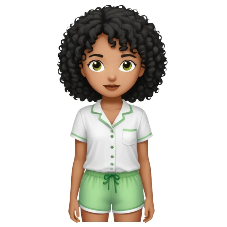 Menina morena do cabelo encaracolados pretos e um pijama de blusa branca e short molinho verde emoji
