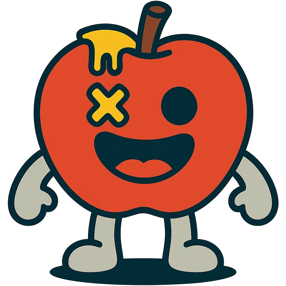 plush apple character with light grey arms and legs, left eye is an X, yellow ichor dripping from stem, big smiling mouth, no leaf emoji