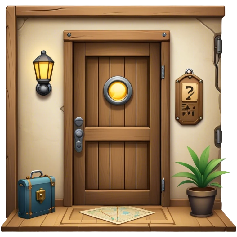 An icon representing an urban escape room adventure, with a locked door, mysterious clues, and a flashlight. Around the design, hidden symbols and a map guide the way through an indoor or city-based quest. A dynamic, immersive look, evoking thrill and the challenge emoji