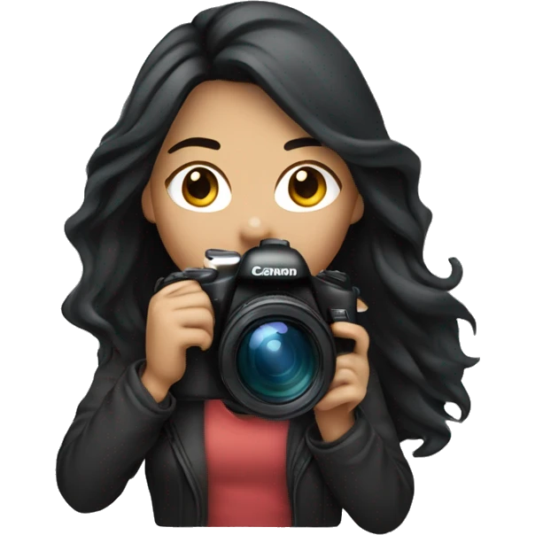 women photographer with long black hair and light skin holding a camera canon emoji
