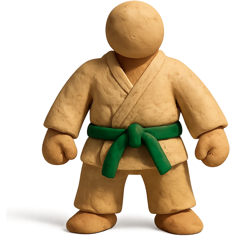 claymation style karate costume with green belt emoji