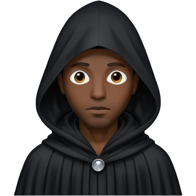 Black man wearing long black robe with tall, pointed hood. Entire face fully covered by black cloth, no facial features visible, only two small eye holes cut into the fabric. emoji