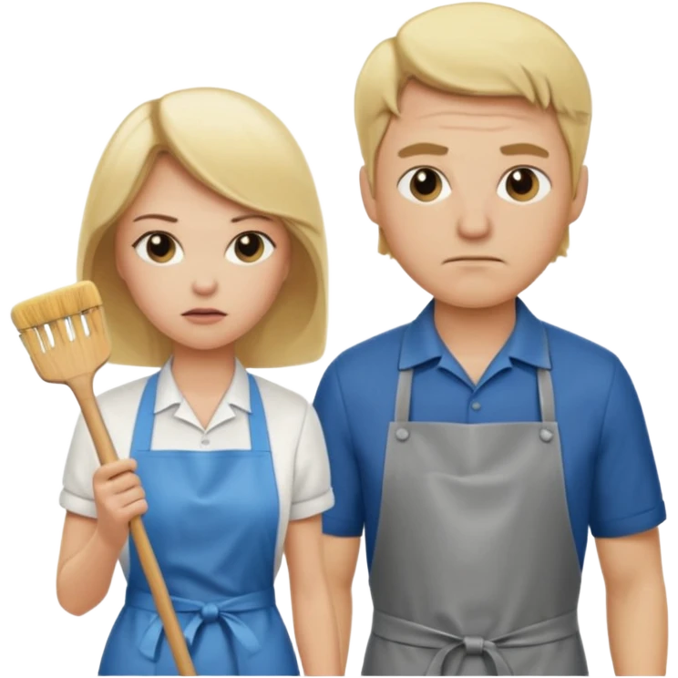 A blonde women cleaning a kitchen while her blonde husband scowls at her emoji