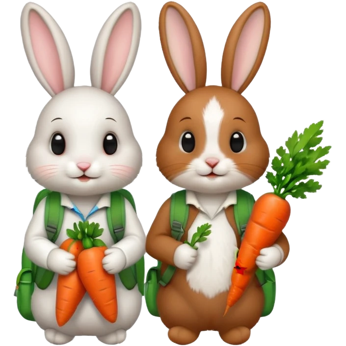  Two bunny brown & white, bunny with a green backpack, holding a carrot emoji