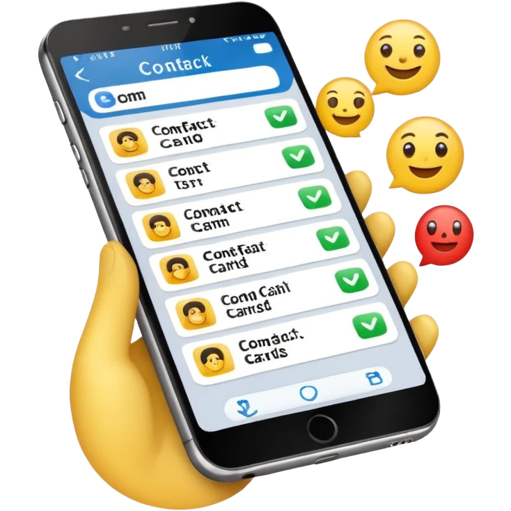 mobile phone with contact cards and a checkmark, CRM software theme, emoji style emoji
